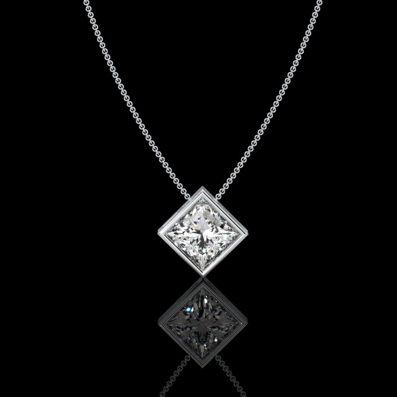 Platinum 1 Carat E color VS1 clarity Princess Cut IGI Certified Bezel Solitaire Pendant Bias Necklace with Chain Lab Grown Diamond