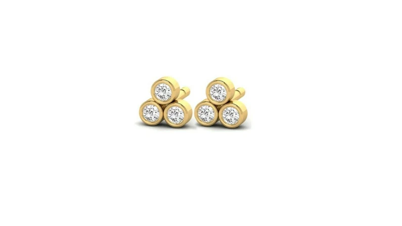 14kt Gold Petite Minimalist 3 Stone Bezel Set 2.5mm Trio Diamond Earrings