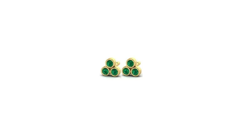 14kt Genuine Green Emerald Trio Earrings, Mini 14kt Gold, Petite 2mm Minimalist, 3 Stone, Bezel Set
