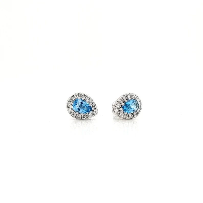 14kt Solid Gold 7x5 Blue Topaz Pearshape Diamond Earring Handmade December Birthstone