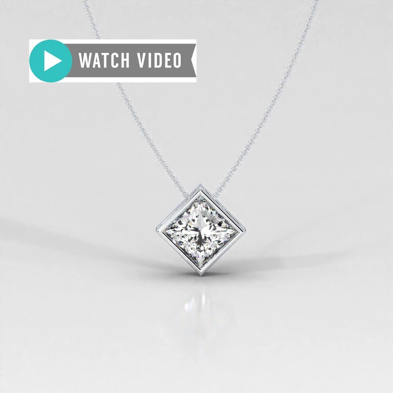 1-5 Carat E color VS2 clarity Princess Cut IGI Certified Bezel on a Bias Solitare Pendant Necklace with Chain Lab Grown Diamond