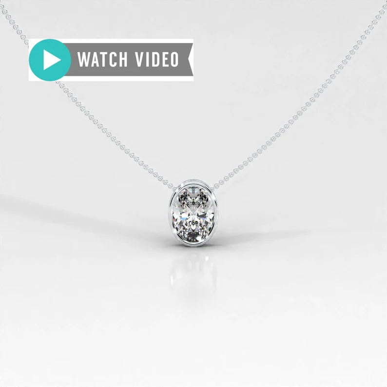 1-5 Carat E color VS clarity Oval Upright IGI Certified Bezel Solitaire Pendant Necklace with Chain Lab Grown Diamond