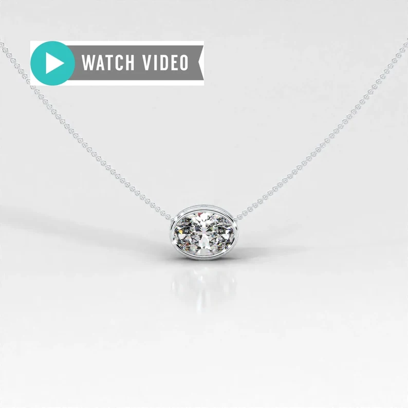 1-5 Carat E color VS2 clarity Oval Sideways IGI Certified Bezel Solitaire Pendant Necklace with Chain Lab Grown Diamond