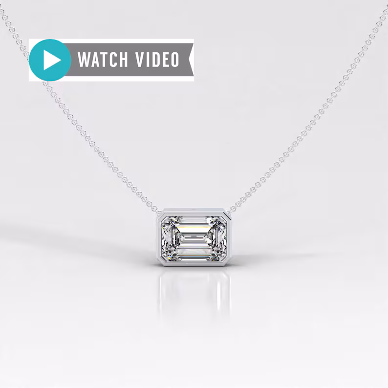1-5 Carat E color VS1 clarity Emerald Cut Sideways IGI Certified Bezel Set Solitaire Pendant Necklace with Chain Lab Grown Diamond