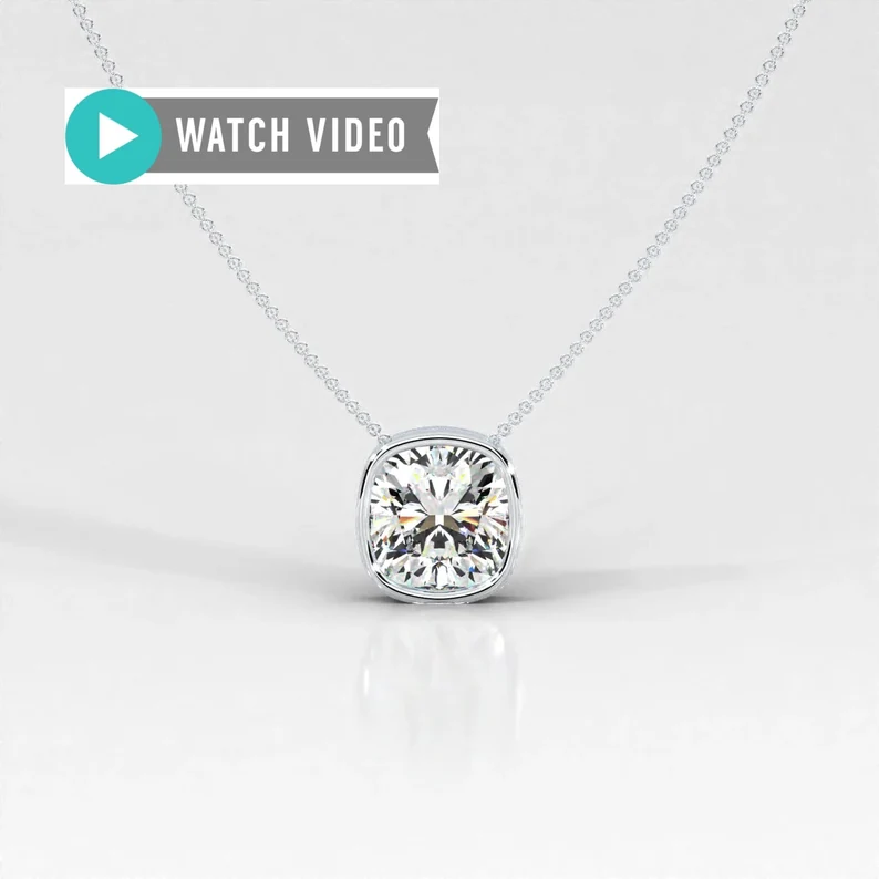 1-5 Carat E color VS1 clarity Cushion Cut Upright IGI Certified Bezel Set Solitaire Pendant Necklace with Chain Lab Grown Diamond