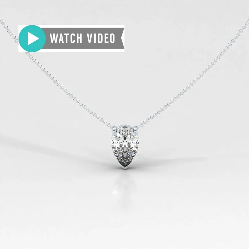 1 Carat E color VS1 clarity Pearshape IGI Certified Prong Set Solitaire Pendant Necklace with Chain Lab Grown Diamond