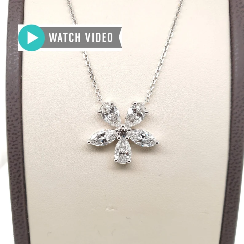 4 Carat Pearshape Marqui Flower Pendant With Diamond By The Yard CVD Lab Grown Handmade Custom Gift Holidays Wedding Anniversary Birthday