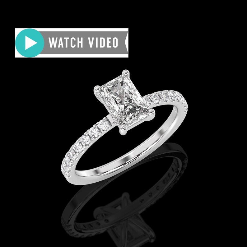 Platinum 1.33ctw Radiant Cut E Color VS1 Clarity Diamond Hidden Halo Pave Set Engagement Ring Lab Grown Diamond IGI Certified