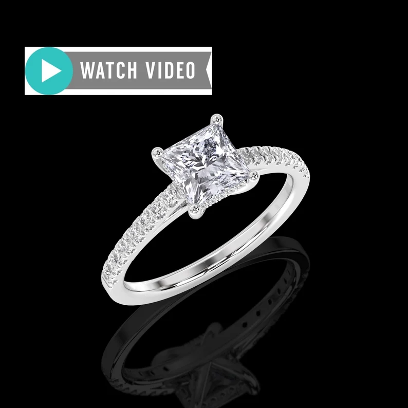 Platinum 1.30ctw Princess Cut E Color VS1 Clarity Cathedral Diamond Hidden Halo Engagement Ring Lab Grown Diamond IGI Certified