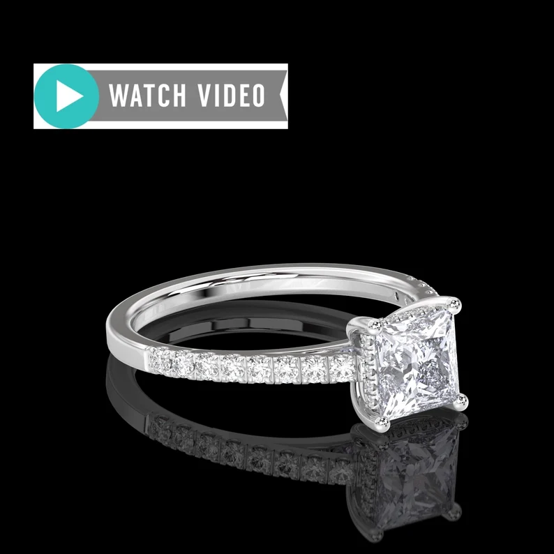 1.30ctw Princess Cut E Color VS1 Clarity Cathedral Diamond Hidden Halo Engagement Ring Lab Grown Diamond IGI Certified In Solid 14kt Gold