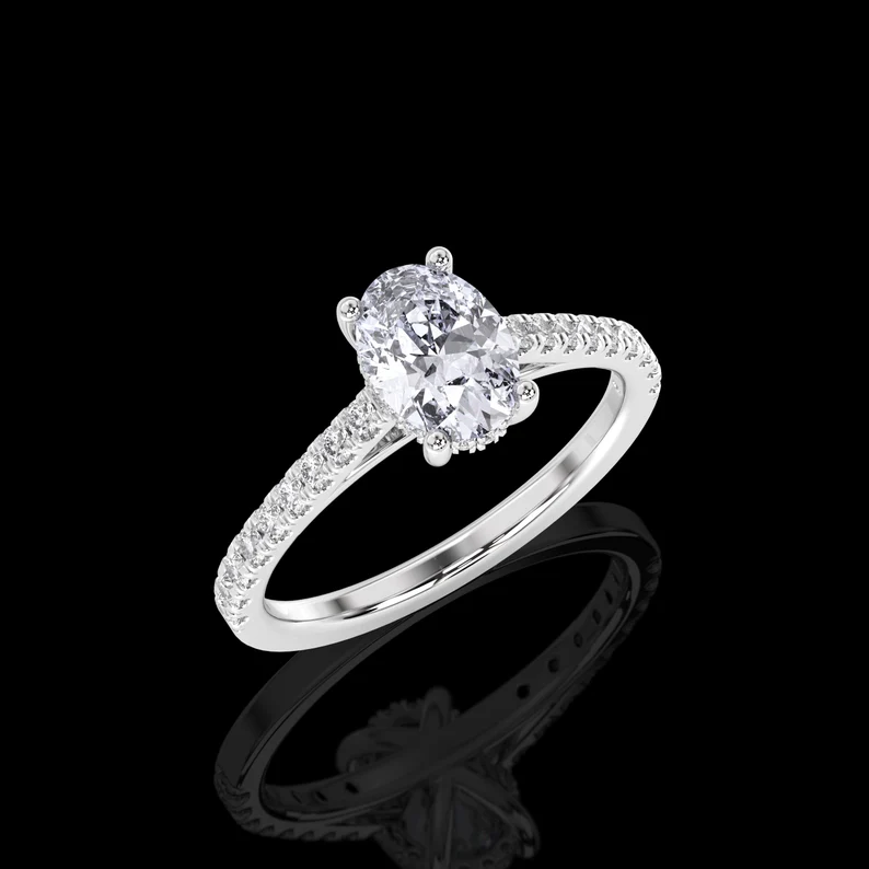 Platinum 1.35 Carat IGI Certified E/VS1 Oval Cut Diamond Cathedral Engagement Ring, Lab Grown Diamond Hidden Halo Engagement Wedding Ring