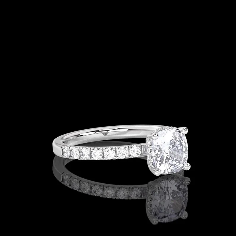 Platinum 1.30 Carat Cushion Cut IGI Certified E/VS1 Diamond Engagement Ring, Lab Grown Diamond Hidden Halo Engagement Wedding Ring