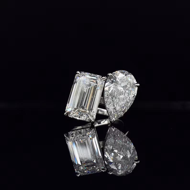 Unique 10-Carat Pear + Emerald Cut IGI Certified E-F/VS+ Two Stone Lab Grown Diamond Solitaire Toi et Moi Ring You & Me Ring Exotic Ring