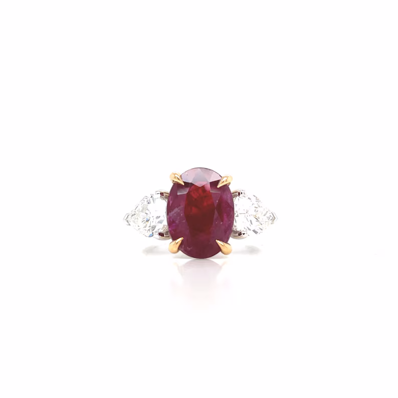 Beautiful Natural Two Tone 2.00 Carat Burma Ruby Paired With Two Natural Identical Pear Shape Diamonds F-G Color VS1 Clarity
