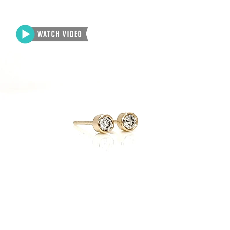 Genuine Diamond Bezel Set Studs, Petite Earrings, Solid 14kt Gold, April Birthstone, Wedding, Gift for her, Engagement
