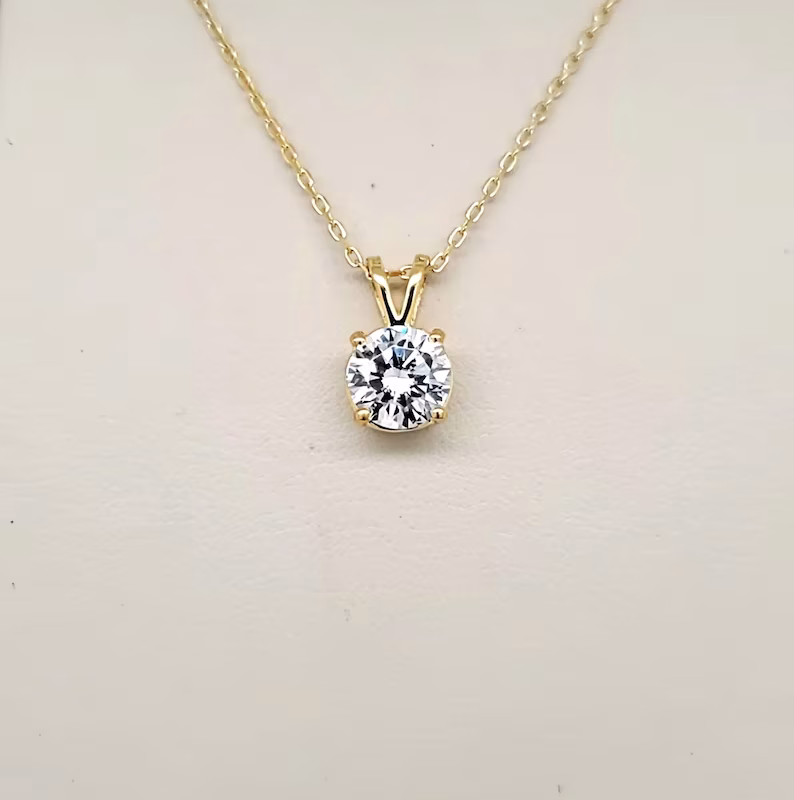 5,6,7,8 MM Yellow Gold Sterling Silver Round Cut CZ Solitaire Pendant Necklace, Cubic Zirconia, 925 Sterling Silver, Premium Quality