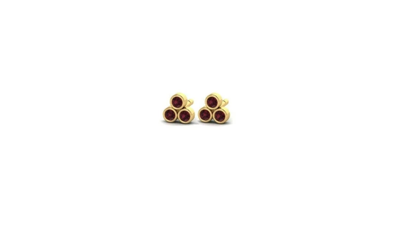 Mini 14kt Gold Petite 2mm Minimalist 3 Stone Bezel Set Mini Trio Garnet Earrings