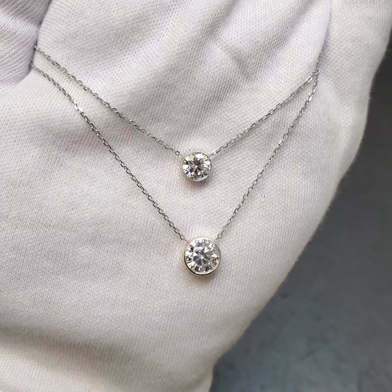 Lab Grown Diamond Bezel Solitaire Necklace Pendant/Dainty Diamond Necklace for Women/ 14K White,Yellow,Rose Solid Gold/IGI certified/ 1-5 ct