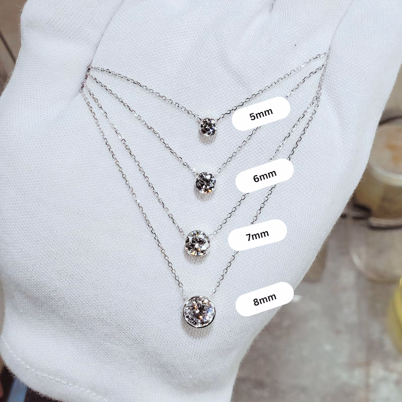 5,6,7,8 MM Solid Sterling Silver Round Cut Bezel CZ Solitaire Pendant Necklace Premium Quality