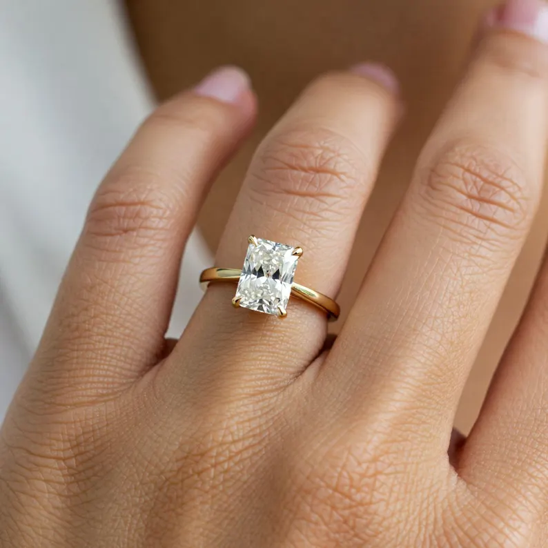 1 Carat E Color VS1 Clarity IGI Certified Elongated Radiant Cut Lab Grown Diamond Solitaire Engagement Ring 14k Yellow Gold