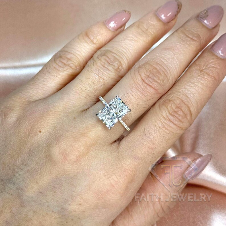 4ct Radiant E VS Lab Grown Diamond Engagement Ring, 14K Two Tone Solid Gold Diamond Hidden Halo, IGI Certified, Anniversary Gift for Her