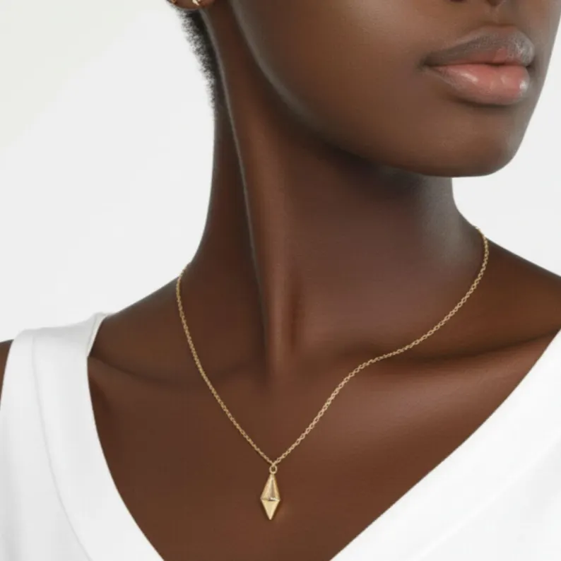 Solid Gold Long Diamond Charm Necklace, Petite Charm,10kt Solid Gold , 14kt Solid Gold, 18kt Solid Gold ,Gold Diamond Pendant , Gift for Her