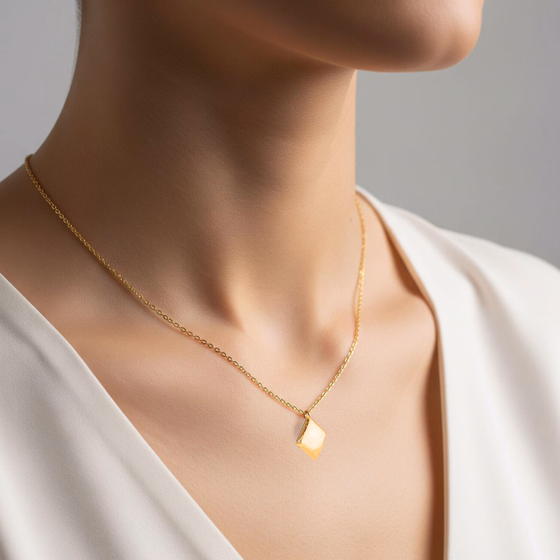 Gold Rounded Square Pendant On Bias, 10kt Solid Gold ,14kt Solid Gold,18kt Solid Gold, Gold Diamond Pendant, Gift For Her